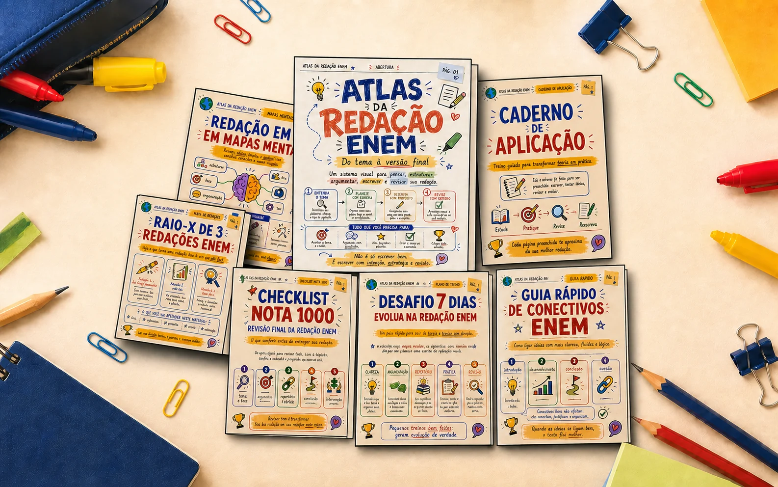 Combo Visual Redação ENEM com Atlas, mapas mentais, caderno de aplicação e materiais de treino