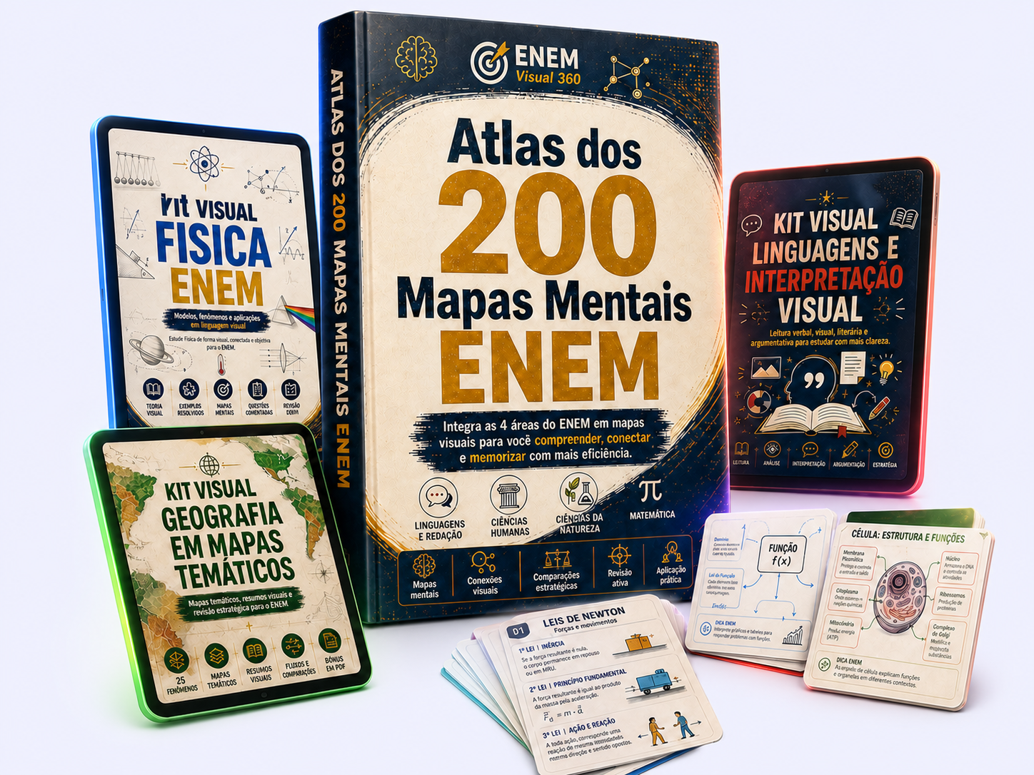 Kit Visual ENEM com Atlas de 200 mapas mentais, materiais de Física, Geografia, Linguagens e flashcards